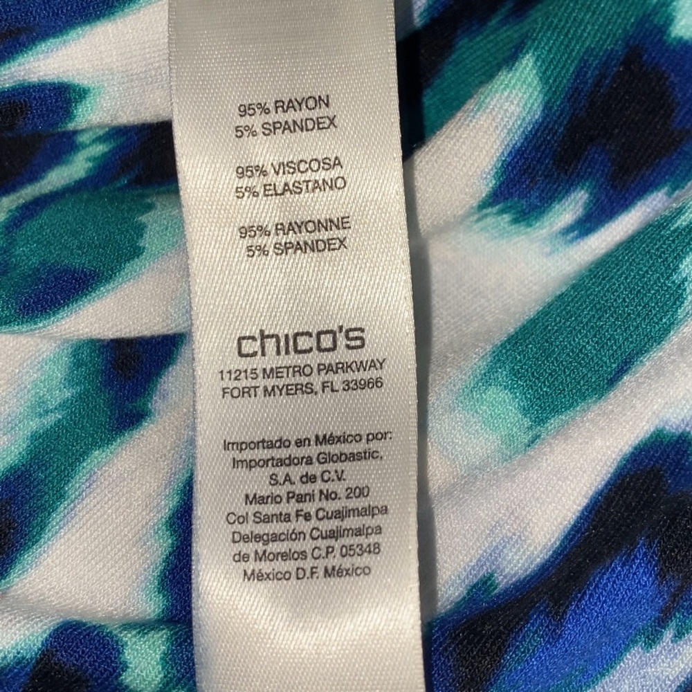 Chico's Tunic Top Size 1 Blue Green Round Neck 3/4 Sleeve Asymmetric Hem Stretch - Picture 6 of 7